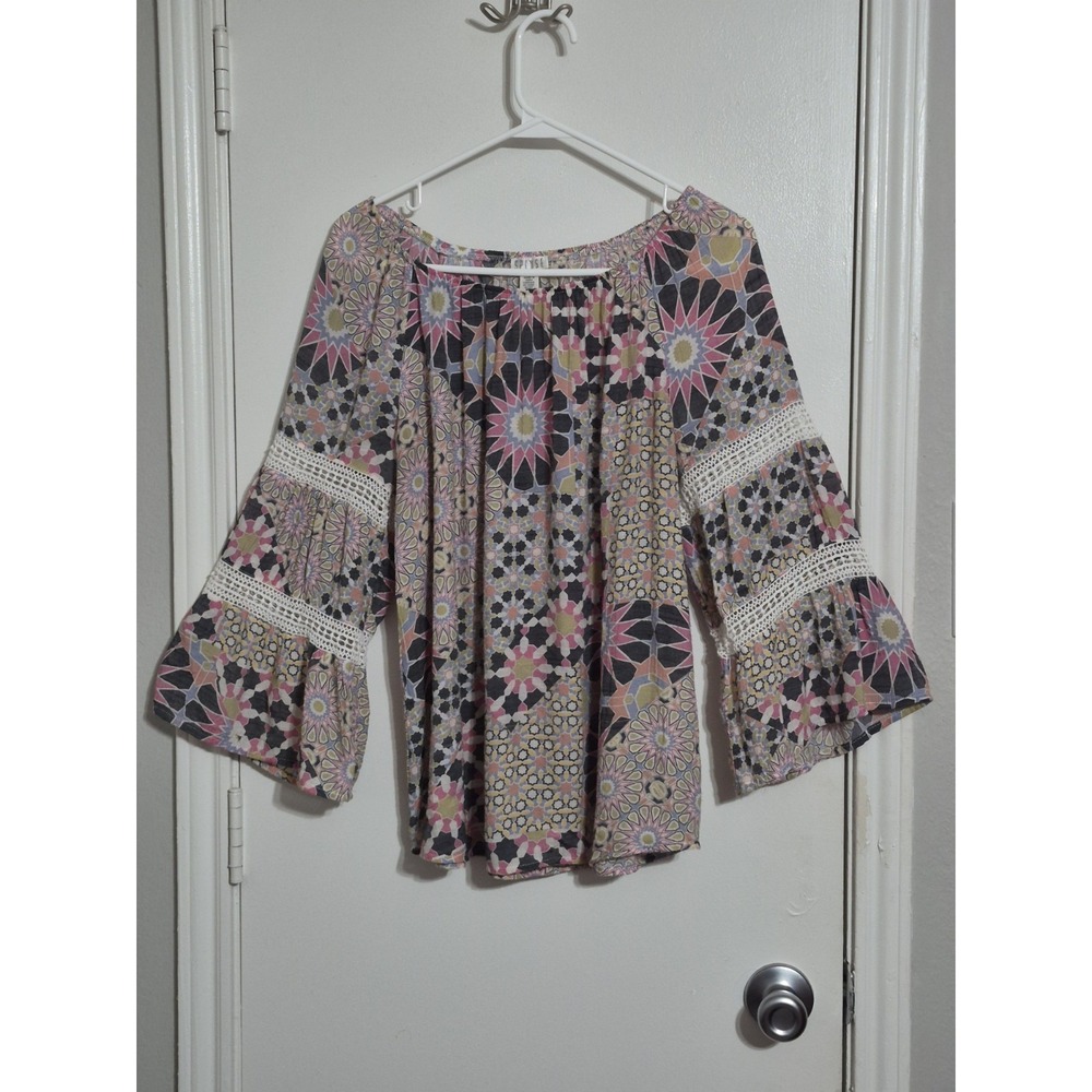 Spense Multi-Color Tunic Top S Floral Flare Eyelet Sleeves Artsy Fairy‎ Resort